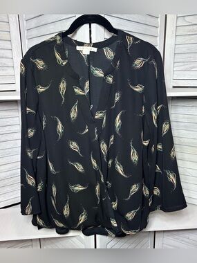 Cooper & Ella Black Feather Print Wrap Blouse L